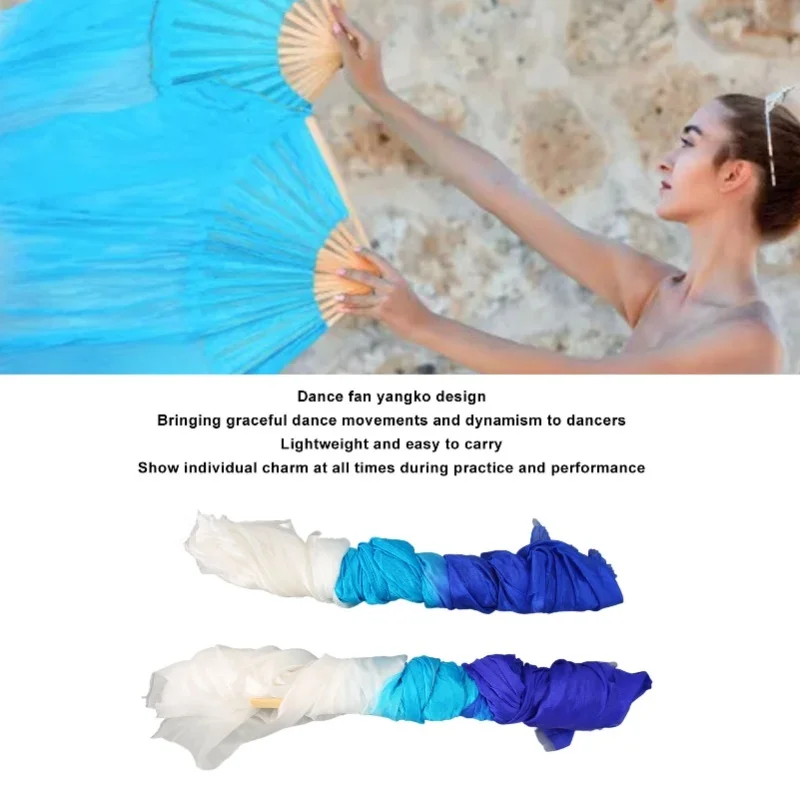 2Pcs 1.5m Artificial Silk Belly Dance Bamboo Fan Tricolor Square Dancing Fan Dance Props White Cyan Blue