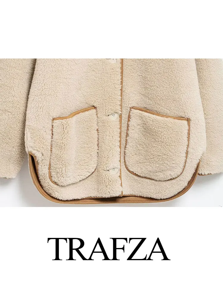 TRAFZA 2024 Winter Velvet Coat For Women Fashion Trend Solid Loose Cardigan Jacket Woman Versatile Elegant Female Overcoat