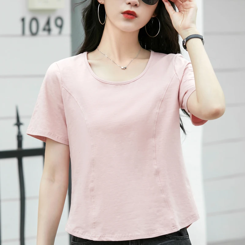 TuangBiang Summer Simple 2023 Bamboo Cotton Women T-Shirt Korean O-Neck Short Sleeves Soft Tshirt Autumn Female Ribbed Loose Top
