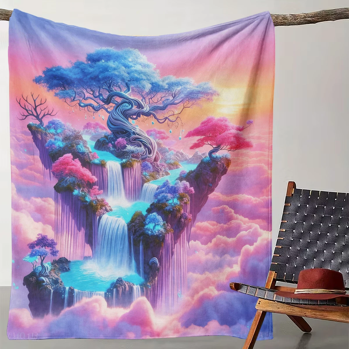 

1 Cloud Based Fantasy Tree Waterfall Dreamy Color Blanket, Fairyland Style Home Decoration Warm Blanket