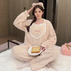 Plus Size 5XL Women Winter Warm Coral Fleece Pajamas Sets Long Sleeve Top Pants Suit Sleepwear Soft Flannel Home Clothes Outwear