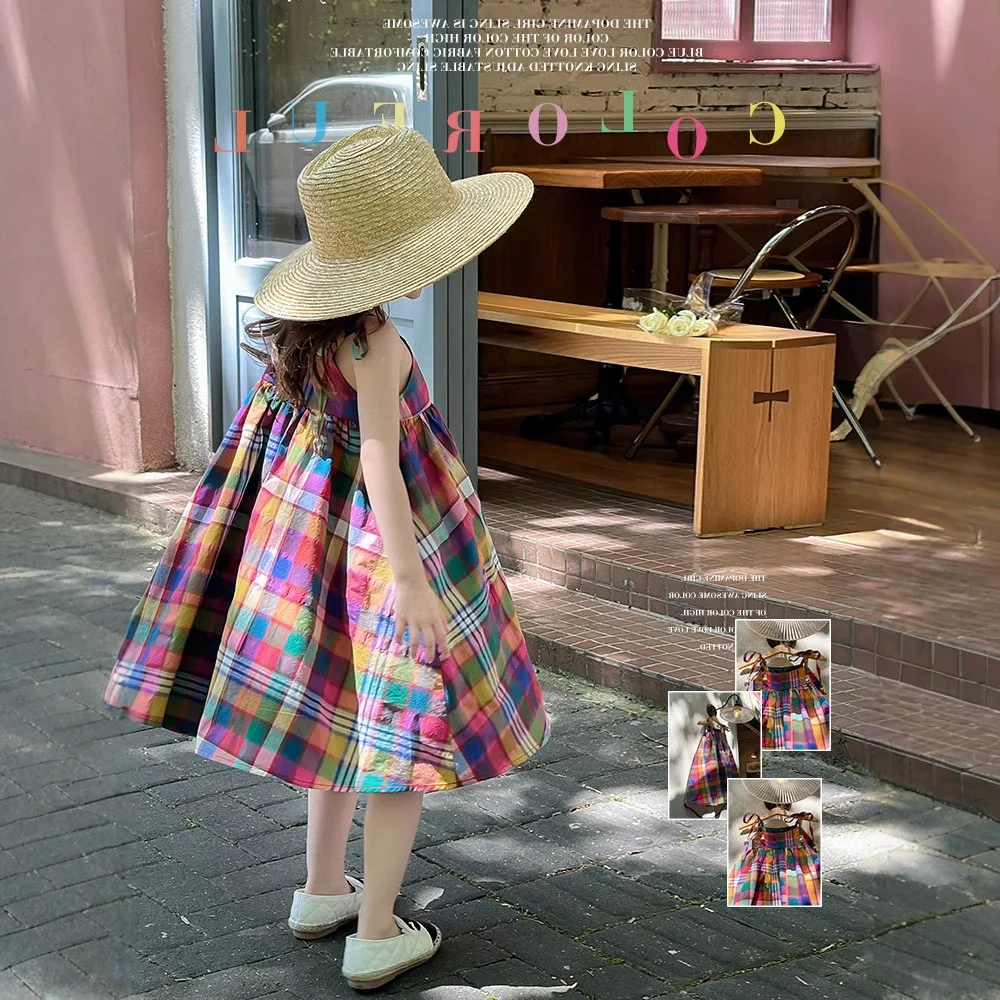 

Летнее платье для девочек 2026 в корейском стиле, в клетку, с цветными бретельками, милое платье для малышей и маленьких девочек
