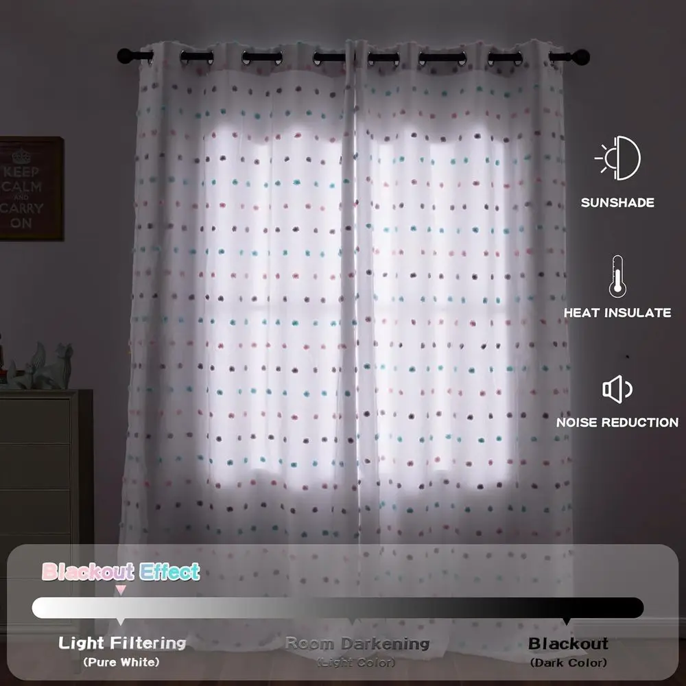어린이 방용 투명 무지개 폼폼 커튼, 84인치 길이, 빛 차단, 이중 레이어, 흰색, 52x84, 2개 세트