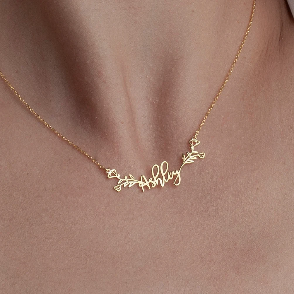 Custom Flower Name Necklace Personalized Flowers Branch Choker Bespoke Nameplate Necklaces For Women Men Stainless Steel Jewelry