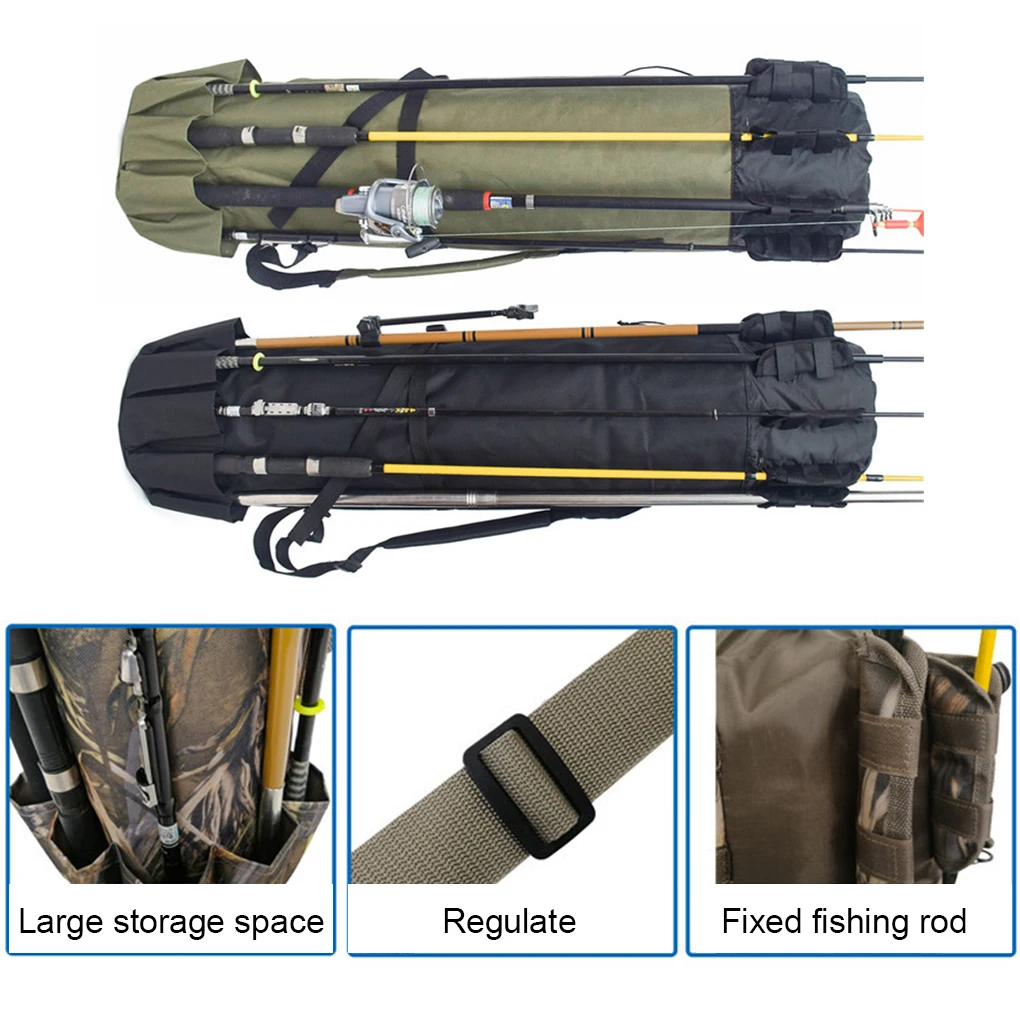 Fishing Rod Bag with Shoulder Strap 5 Poles Case Storage Multifunction Large-Capacity Professionals Beginners Black