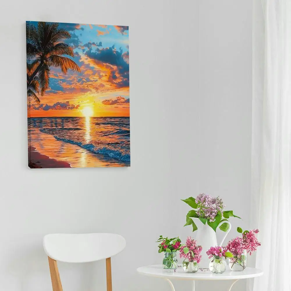 Romantische kustmuurschildering met zonsondergang Warme afterglow op de kalme zee met de schoonheid van de schemering Zeegezicht Decoratief canvas schilderij