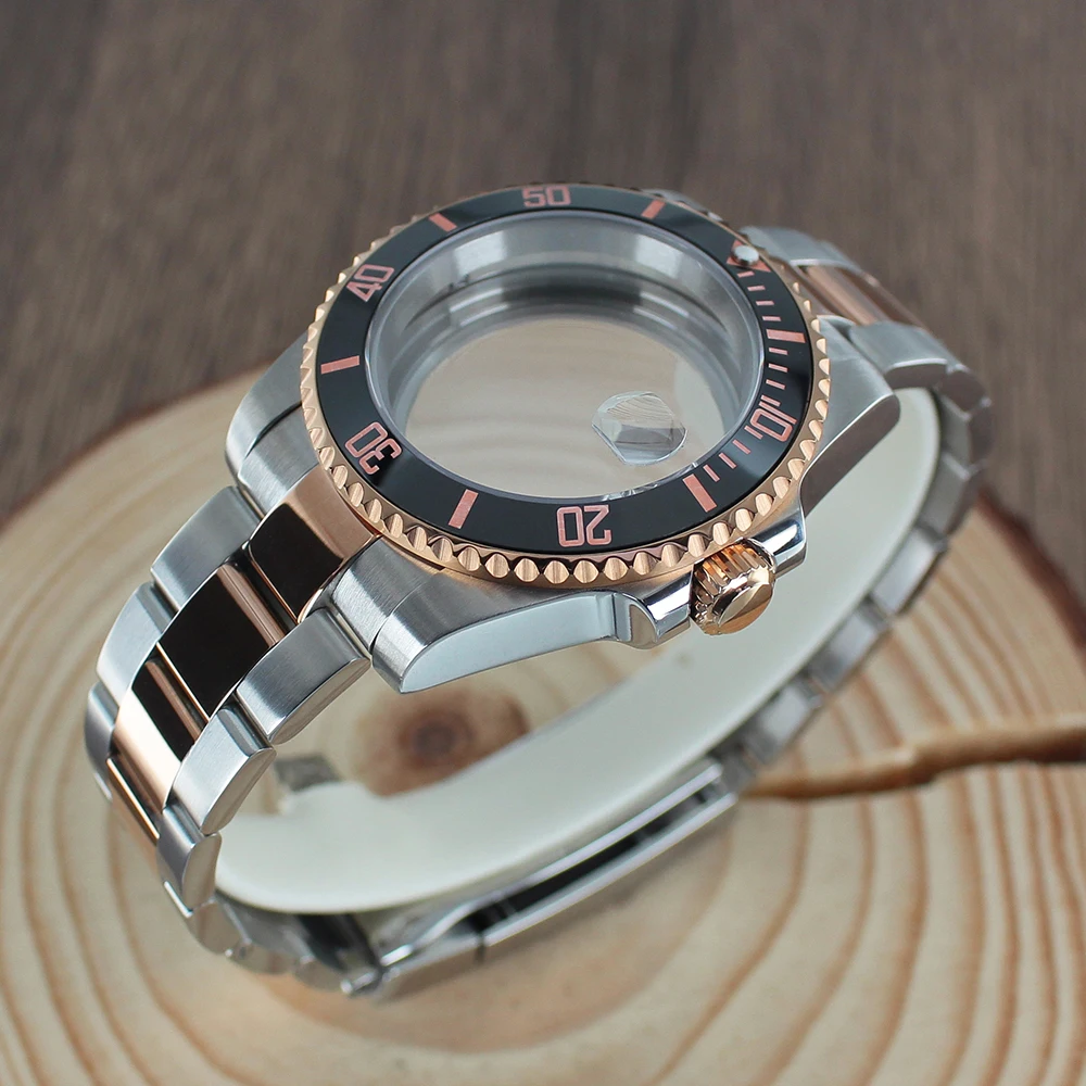 40mm Women's NH35 SUB Rose Gold Watch Case Sapphire Glass for Seiko NH35 NH36 NH38 8215 2824 PT5000 Sliding Lock Watch Bracelet