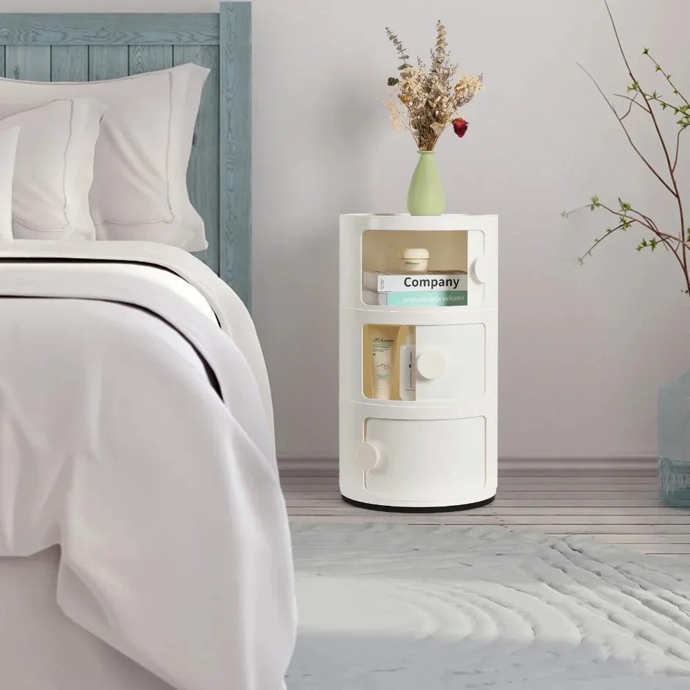 

3 Drawer Sliding Barrel Modern Bedroom Nightstand, White Round Locker Unique Shape Suitable for Various Home Decoration Styles