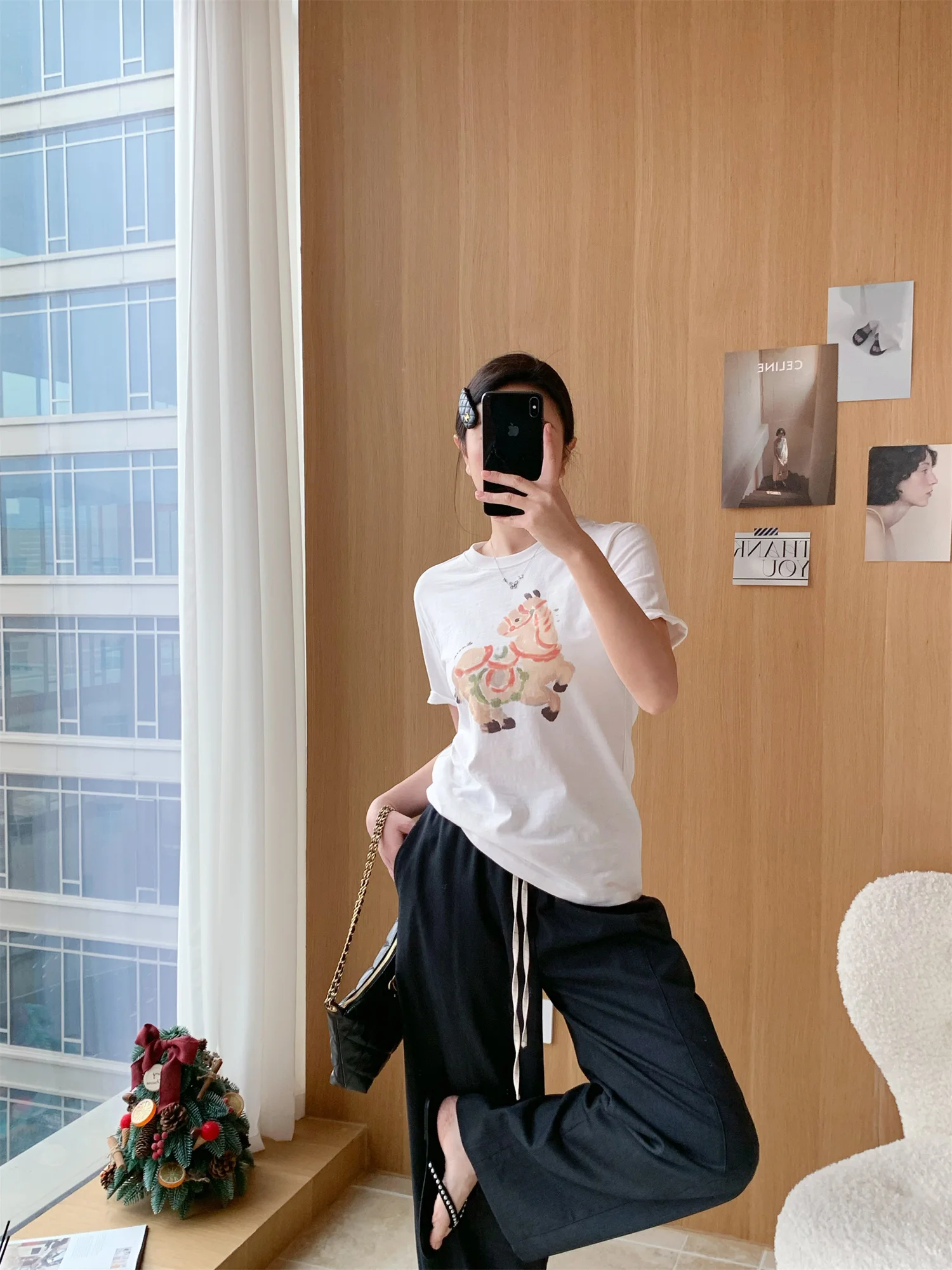 

Early Spring 2026 Limited Edition Year Totem Print T-irt Women's Casual Sle ort Sve round Ne Cotton Top