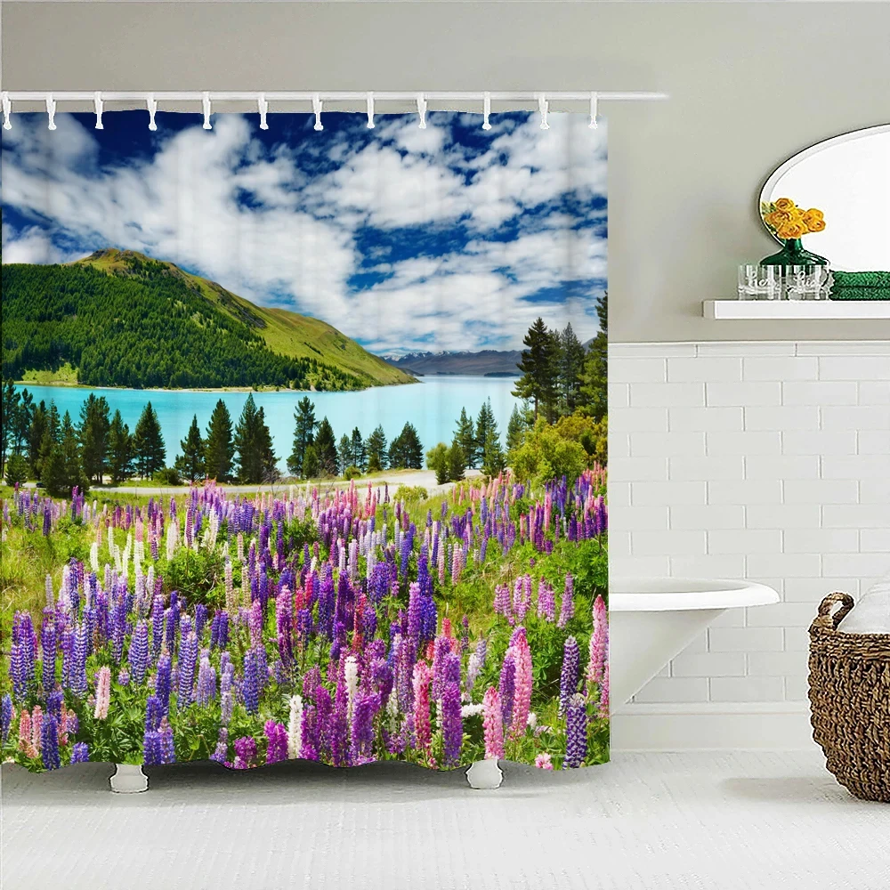 

Spring Garden Lavender Floral Shower Curtain Nature Scenery Country Bath Curtain with Hooks Waterproof Fabric for Stalls Bathtub