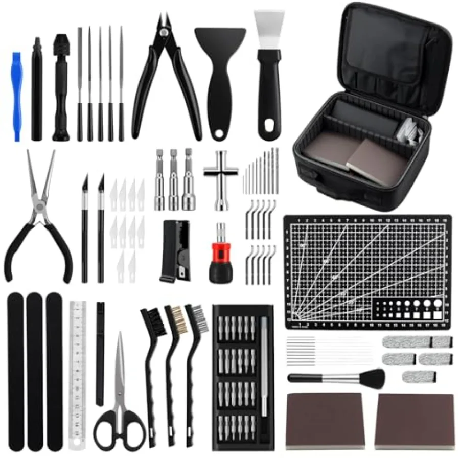 

3D printing workshop: stainless steel tools kit in black with deburring scraper brushes tweezers hand drill for cleaning finish