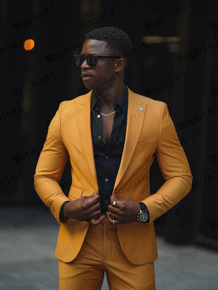 Mustard Yellow Men Suits 2Pcs Tuxedo Slim Fit Single Breasted Notched Lapel Cropped Pants for Wedding Prom Party Business Blazer view 4