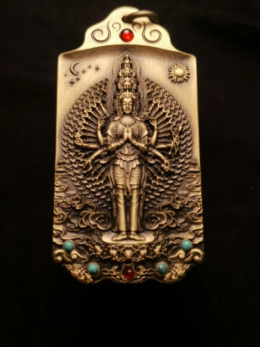 Sipei Bronze Carving Thousand Handed Guanyin Inlaid with Green Pine Gemstone Heart Sutra Square Plate Pendant, Ping An Car Hangi