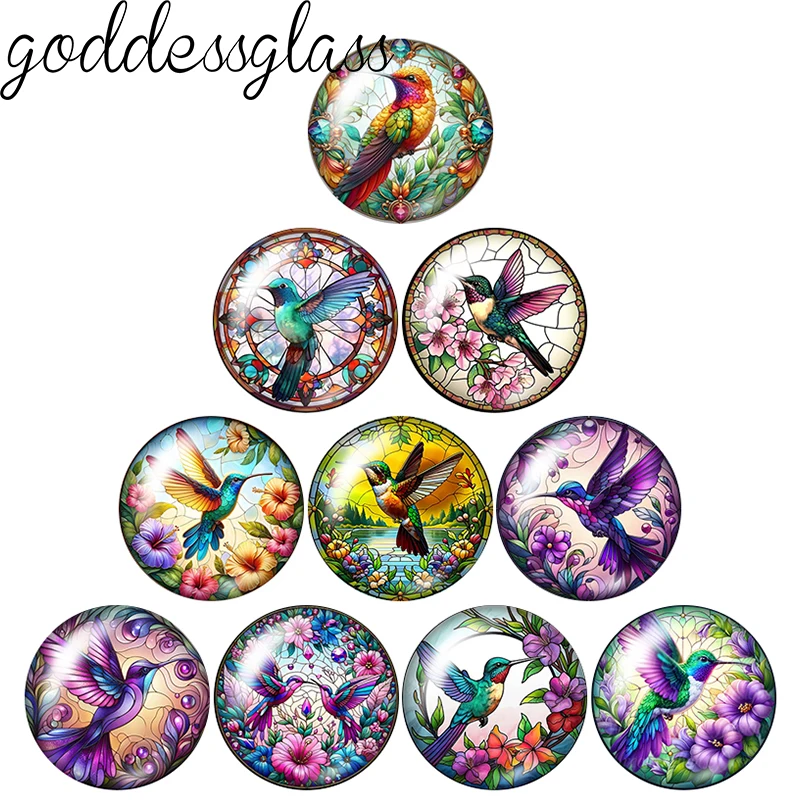 Colorful Cute Birds Hummingbird Flowers 10pcs 12mm/18mm/20mm/25mm Round Photo Glass Cabochon Flat Back Making Findings Jewelry