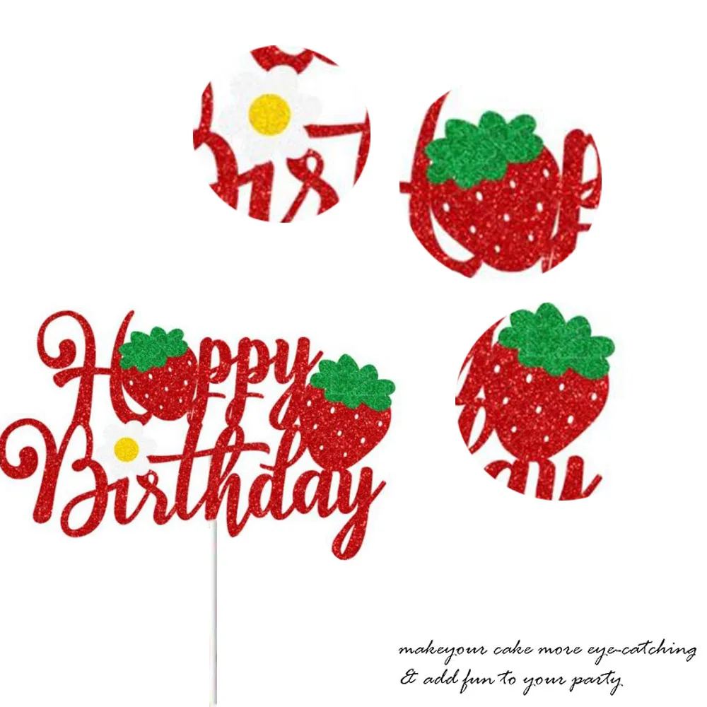 1 PC Strawberry Happy Birthday Cake Topper Dekoracyjny znak, czerwony brokat Dekoracja imprezowa Rekwizyty, przyjęcie urodzinowe Tort Supplies. — zdjęcie 5