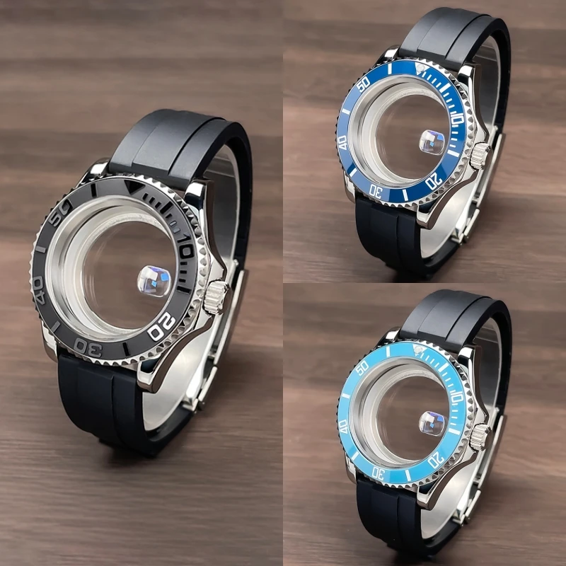 

40mm NH35 Case YM Two-Way Rotating Bezel Sub GMT Mod Parts Rubber Strap Sapphire Glass Fit NH35 NH36 NH34 Movement Watch Case