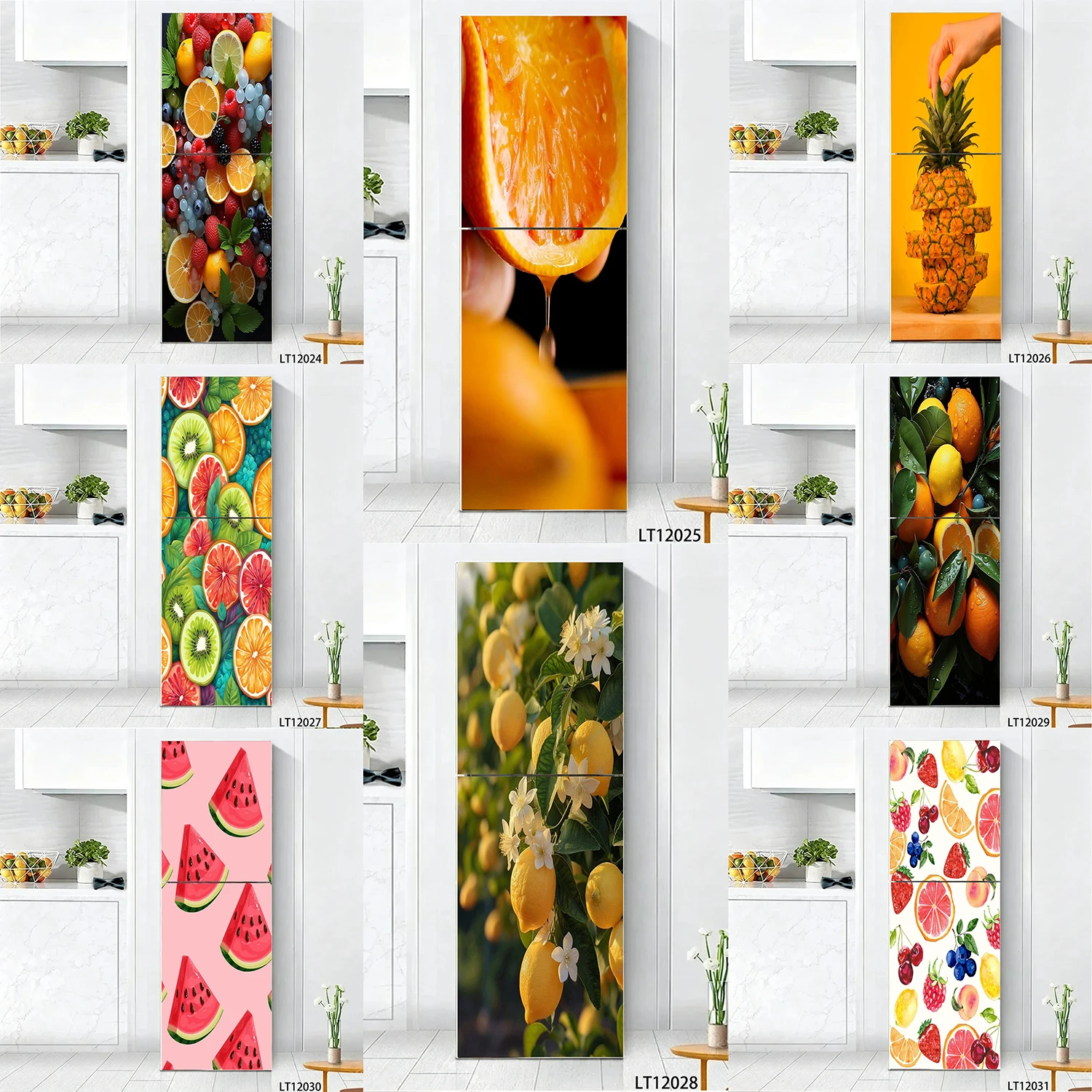 

Colorful Summer Fruit Lemon Fig Cherry Kiwi Pattern Refrigerator Door Sticker Waterproof Self-Adhesive Fridge Decal