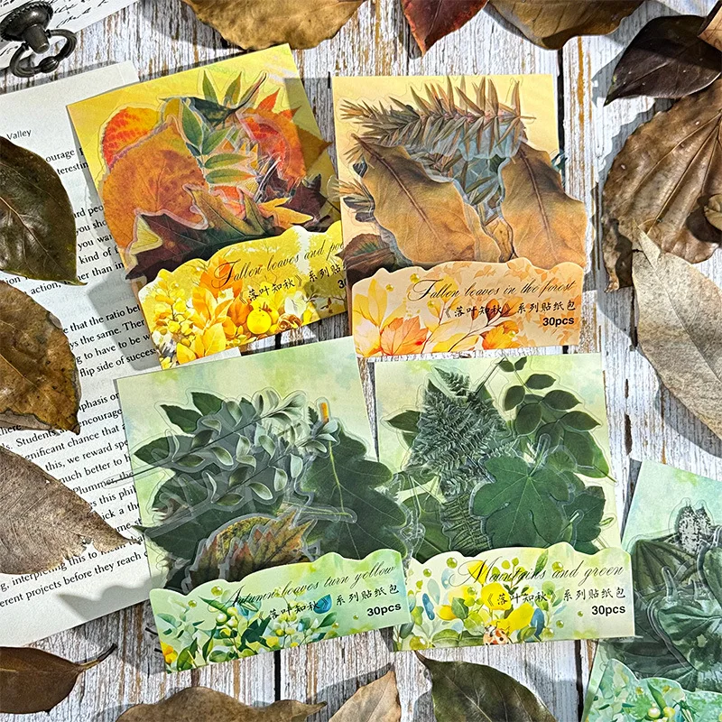 Journamm 30pcs/pack PET Decor Stickers Autumn Leaf DIY Scrapbooking Planner Collage Diary Supplies Aesthetics Sticker Stationery