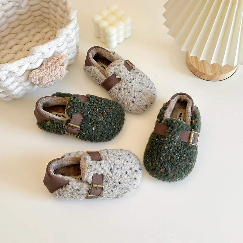 

Vintage Forest Green Shearling Fleece Loafers Baby Kids Winter Warm Plush Moccasins Child Fluffy Flat Shoes With Buckle Belt