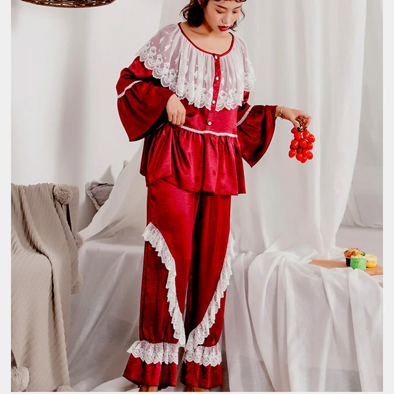 韓国ファッション女性のワインアイスシルク長袖プリンセスプラスサイズホーム服パジャマセットレースサテンフレア袖