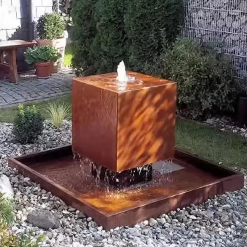 EXW Square Water Table Fountain Corten Steel Construction Modern Geometric Design For Patio Garden Centerpiece