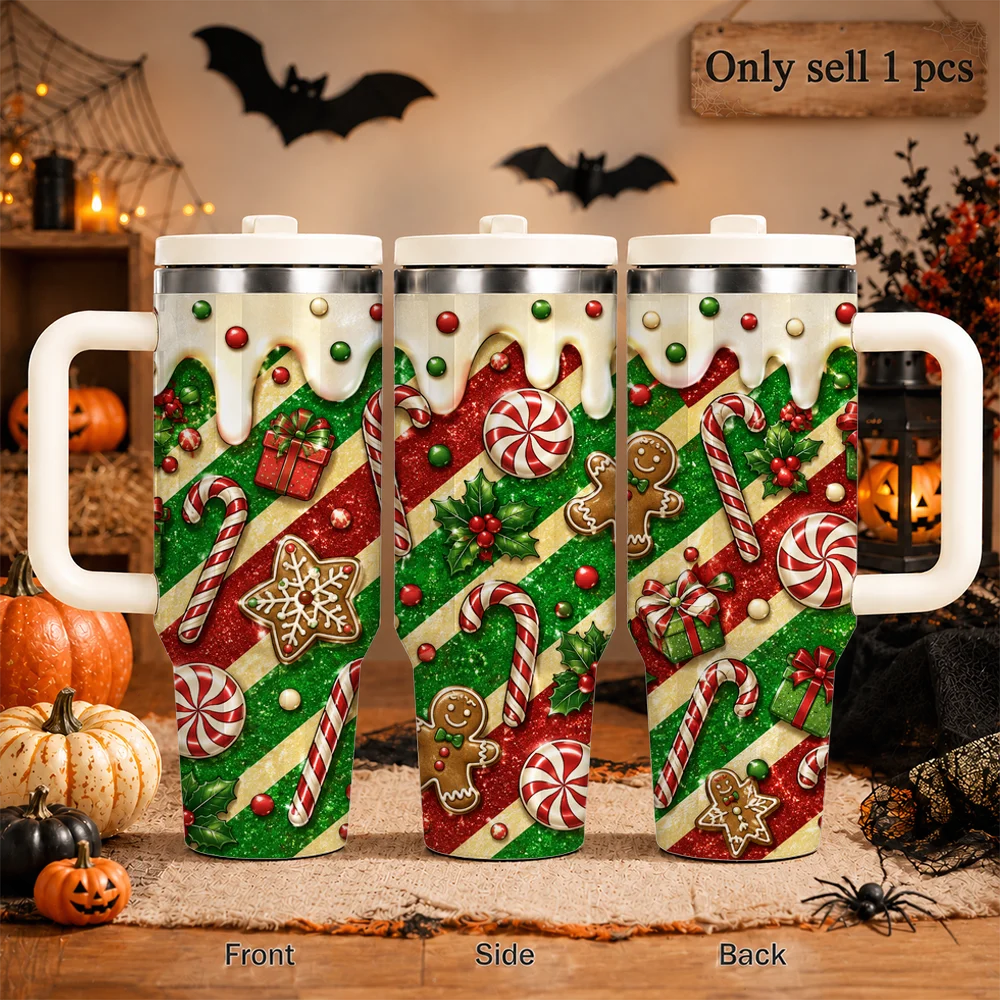 Sweet Candy Cane Christmas Vacuum Flasks 40oz Large Capacity Stainless Steel Tumbler with Handle Straw Lid Insulated Mug Cup