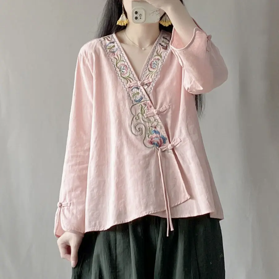 

Retro Buttoned Chinese Style Embroidered Shirt Hanfu Women's Spring Summer Cardigan Short Top Coat Clothes Woman Blouse Cotton