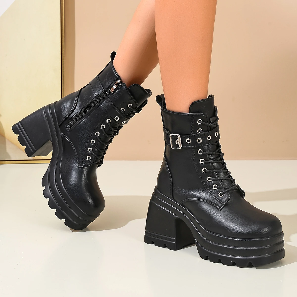 British Style 2027 New Round Head Chunky Heel Ankle Bootie Women's Boots Black Lace Up Shoes Botines Para Mujeres Size 35-42