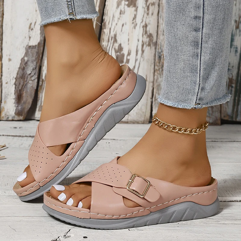 Fashion Buckle Platform Slippers Women Summer Outdoor Med Heels Casual Slides Woman Pu Leather Cross Strap Light Sandals 2024