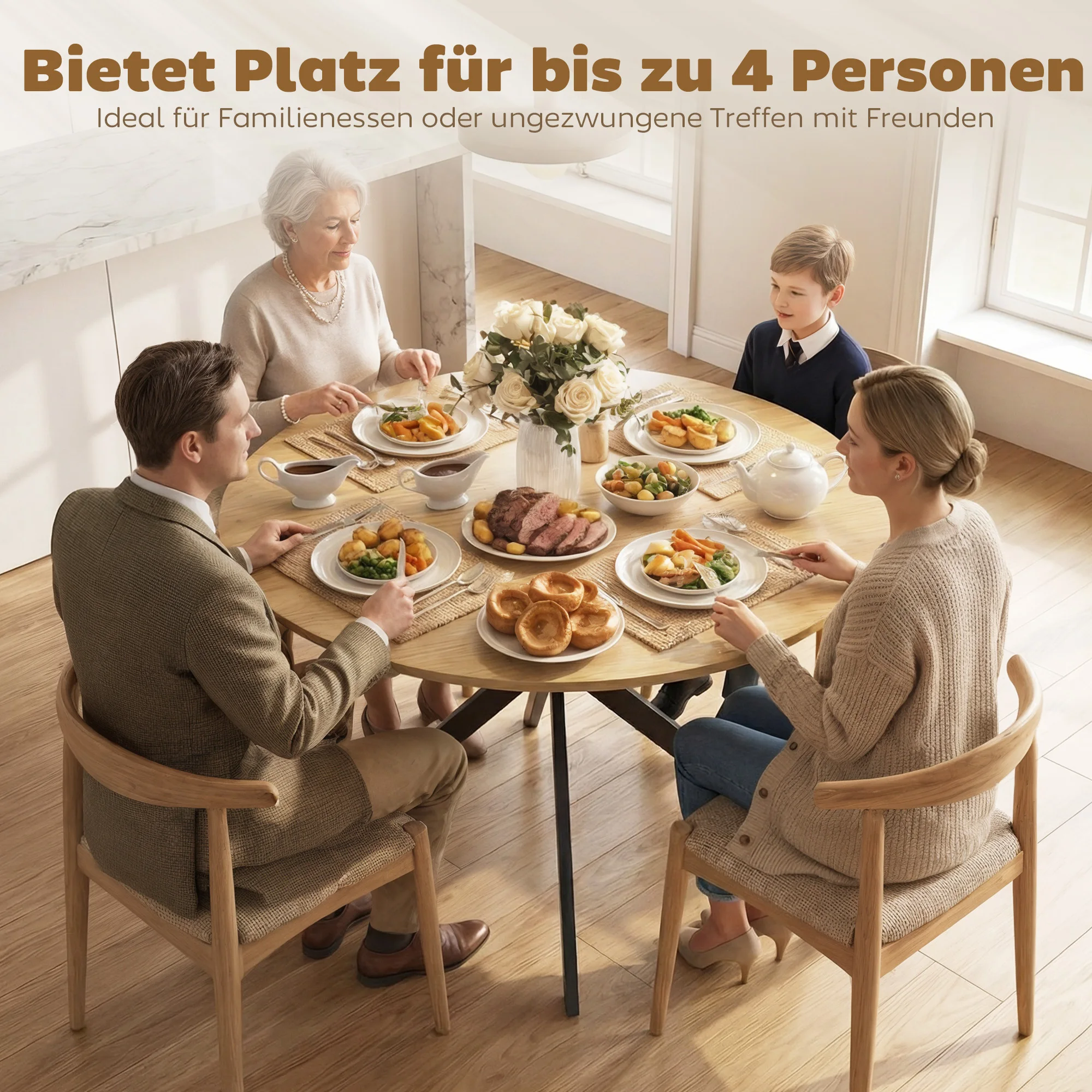 Afbeelding 6: Ronde eettafel voor 4 personen, keukentafel in industriële stijl met stalen poten, voor eetkamer, keuken, eikenhout