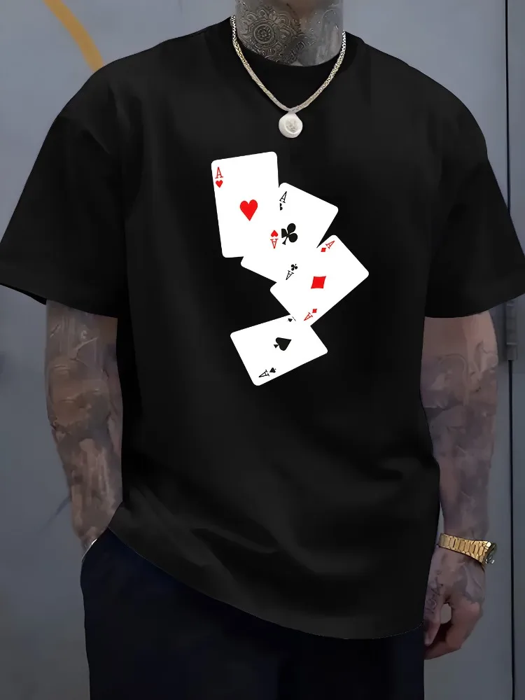 Mens Loose Fit Cotton Tee Four Aces Playing Cards Print Poker Game Lover Casual Male Short Sleeve Daily Streetwear Fashion Top