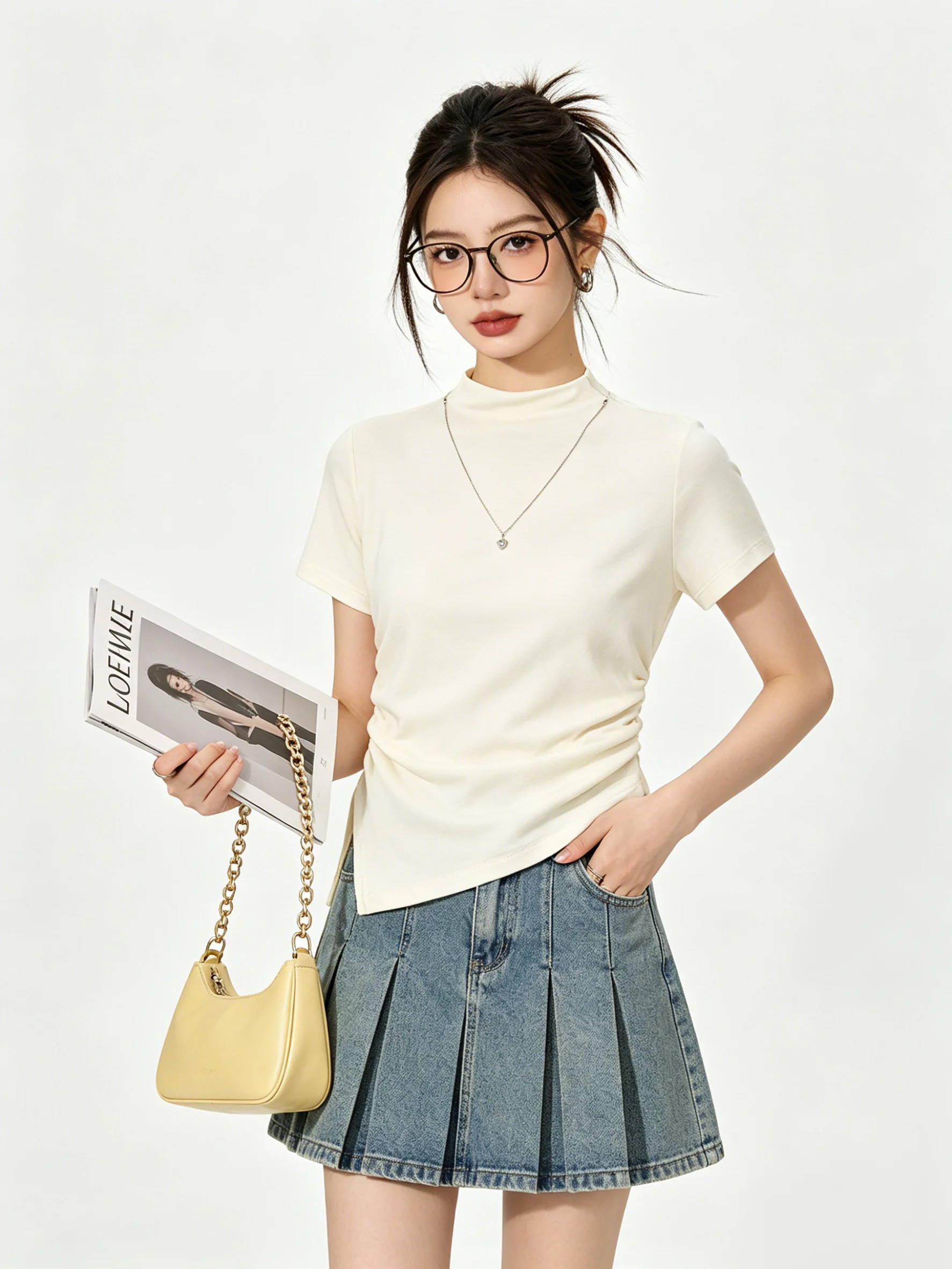 Slim Fit Short Sleeve T-Shirt High Neck Irregular Early Spring Waist Cinching Slimming Short Pure Desire Women's Top