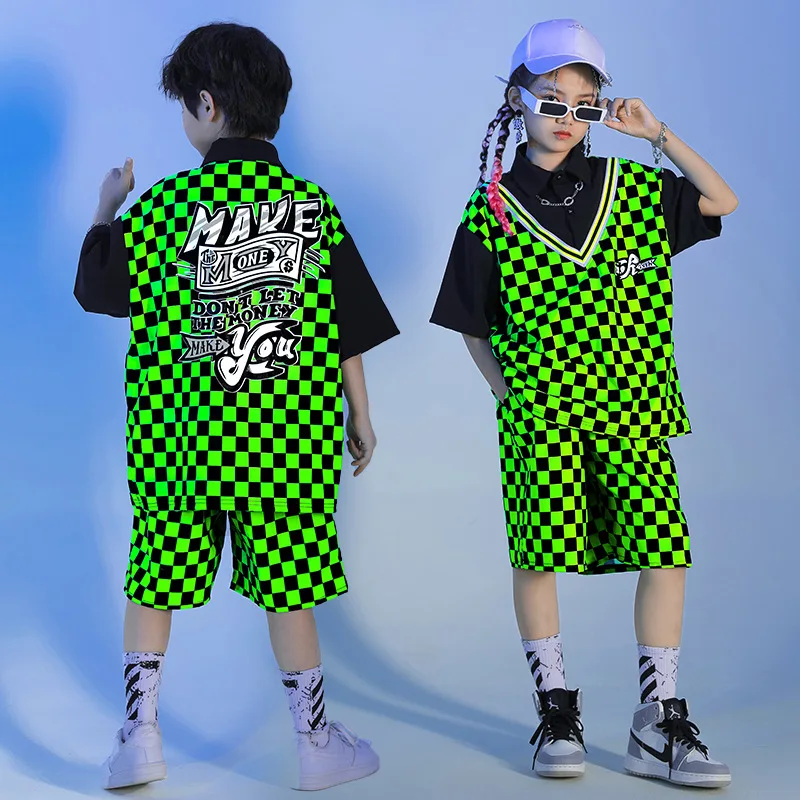 Kid Kpop Hip Hop Clothing Green Checkered Lapel Oversized T Shirt Top Summer Shorts for Girl Boy Jazz Dance Costume Clothes Set