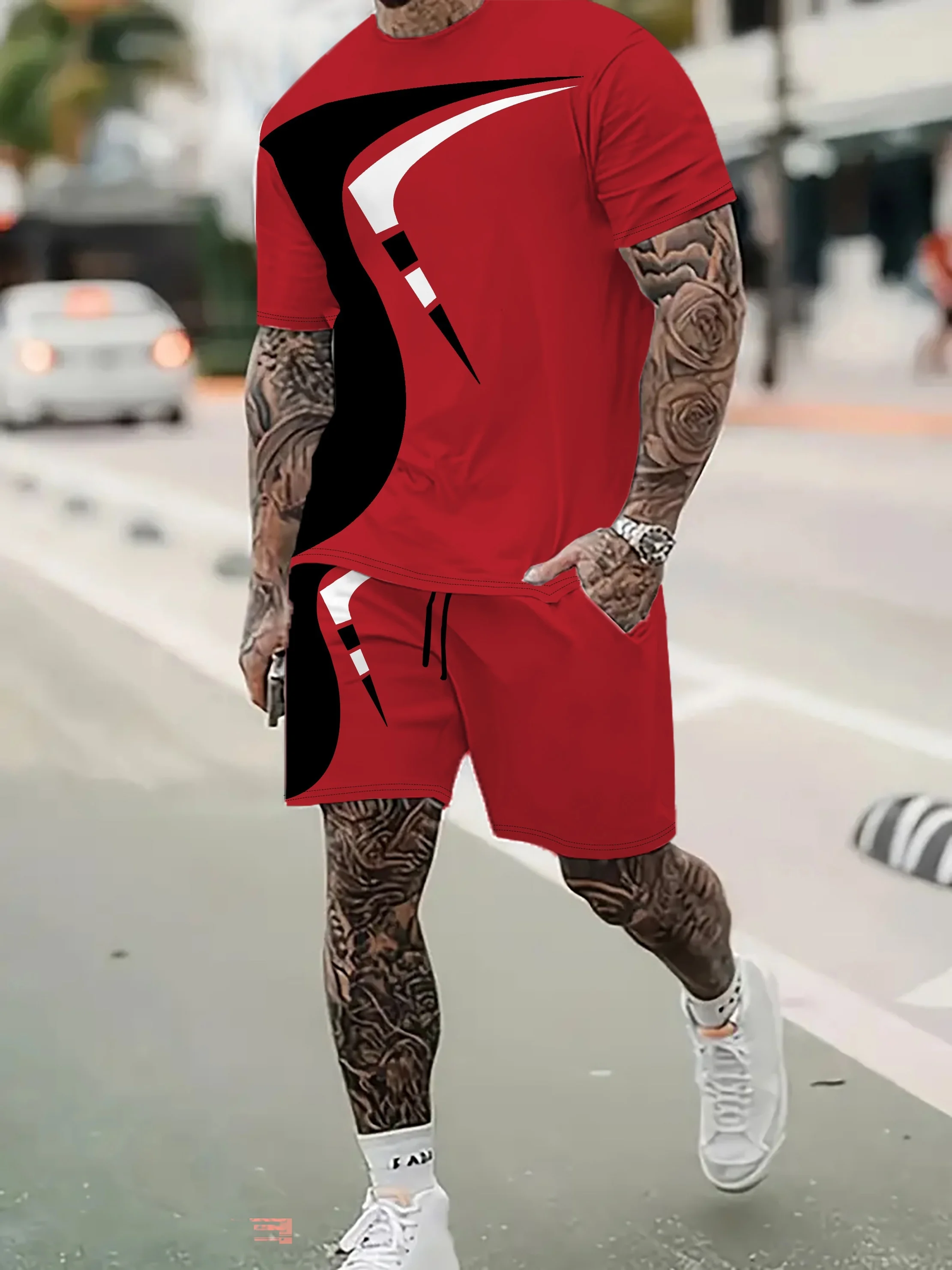 

2-Piece Men's Fashion Summer Dress Set, Men's Casual Color Block Short Sleeve T-Shirt and Drawstring Pocket Shorts Set