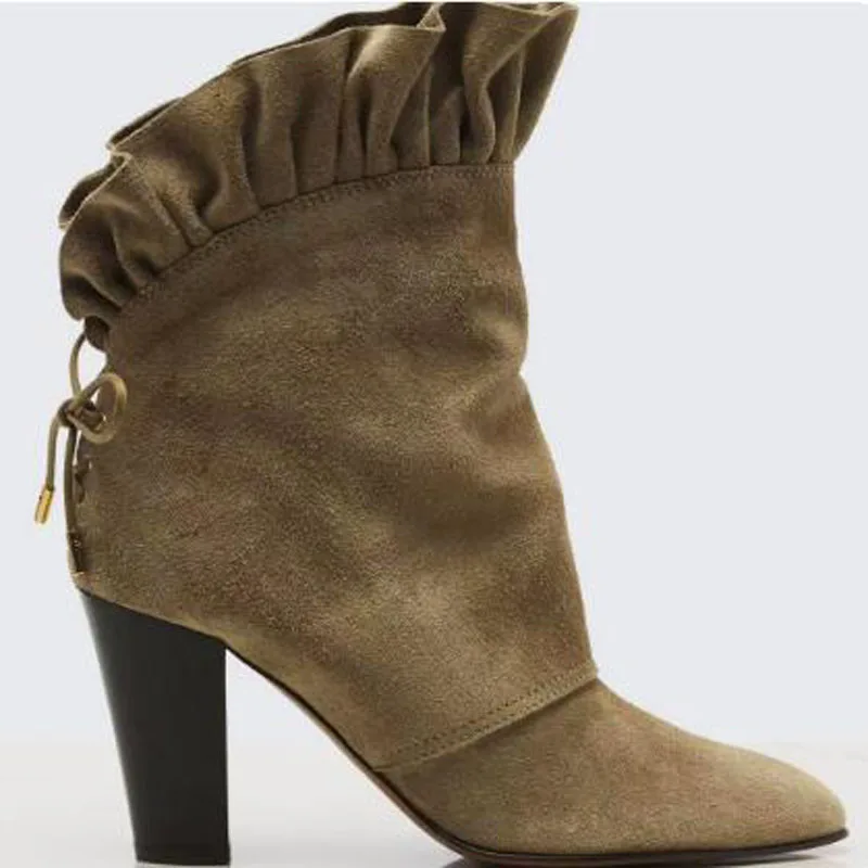 Vintage Khaki Suede Back Lace‑Up Bow Ruffled Trim Ankle Boots Ladies Pointed Toe Chunky Block Heel Party Short Boots Cowboy