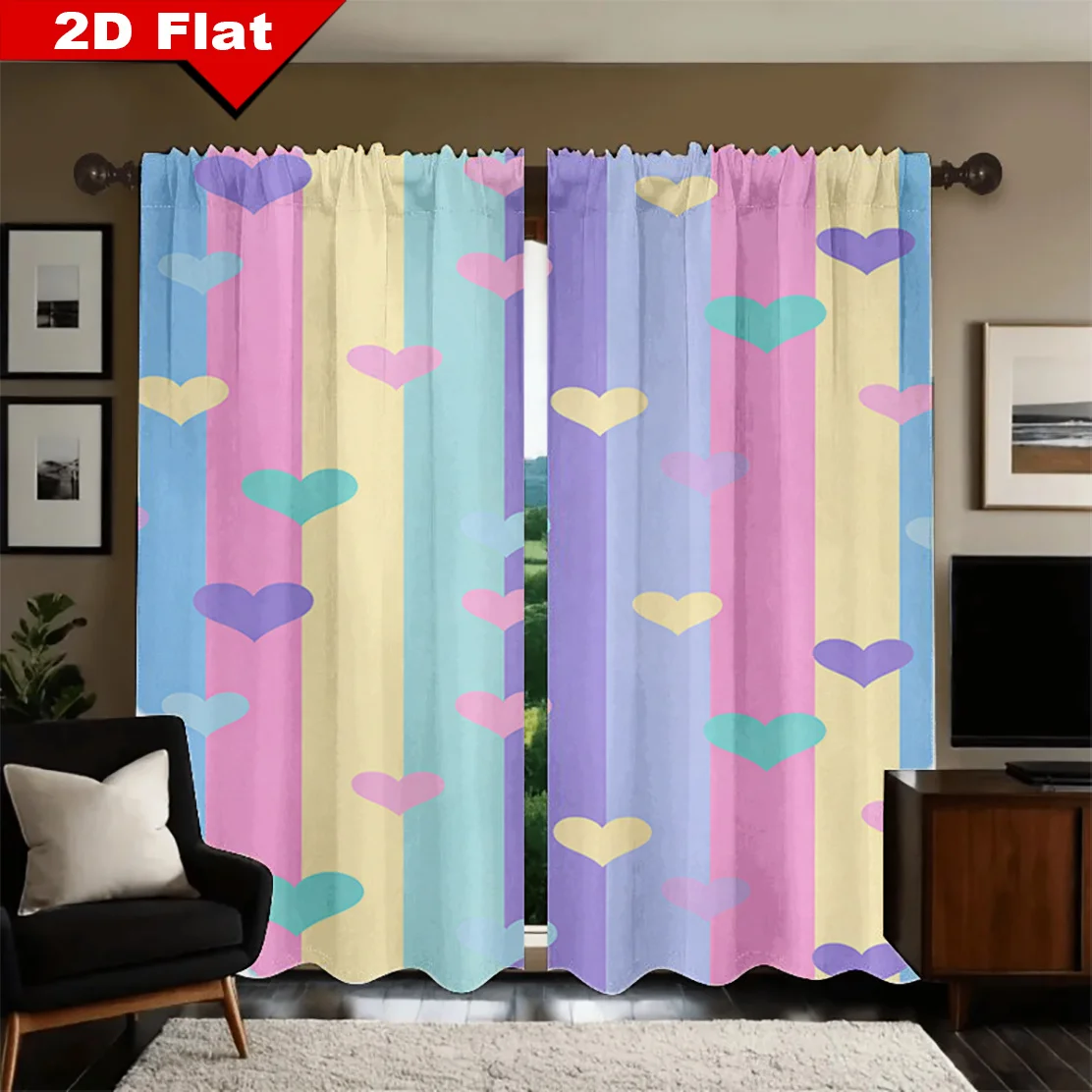 2D Flat Curtain Fabric 2pcs Printed Rainbow Heart Curtains Multicolor Heart PatternCurtains Light BlueYellow Purple PinkGradient