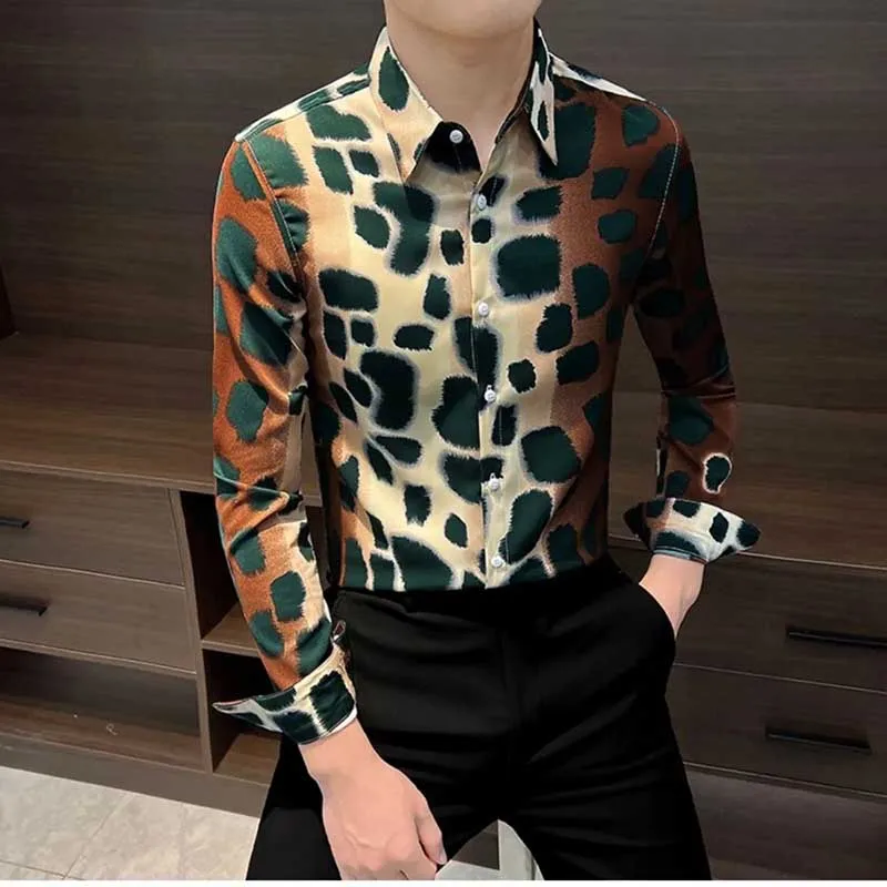 Fashion Lapel Button Printed Gradient Leopard Shirts Men\'s Clothing 2024 Spring Summer New Loose All-match Tops Casual Shirts