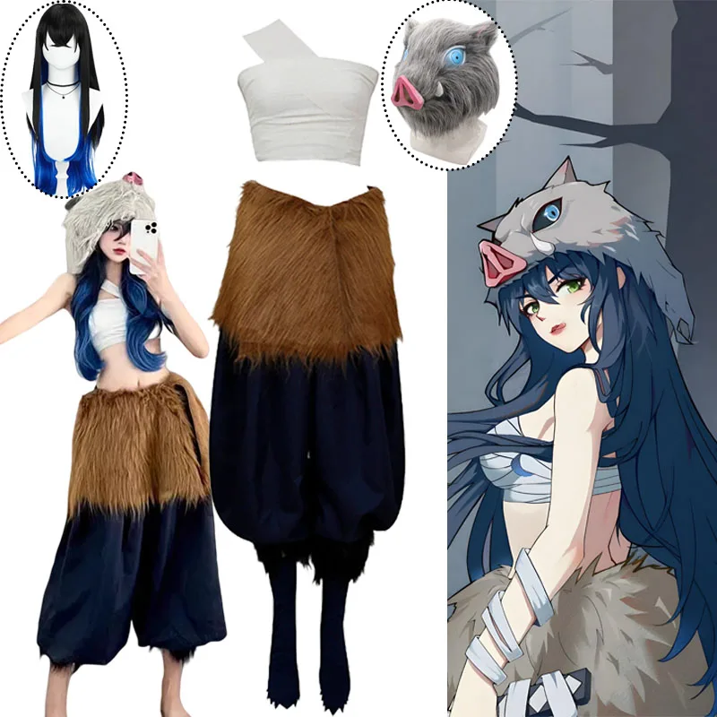Anime Demone Slayer Hashibira Inosuke Costume Cosplay Inosuke Parrucca Uniforme Maschera di Maiale Halloween Carnaval Costume da Donna