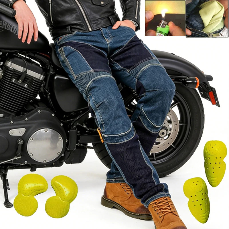 

Men Summer All Blue Kevlar Motorcycle Jeans Abrasion Resistant Windproof Dirt Bike Riding Trousers Durable Protective Gear 032