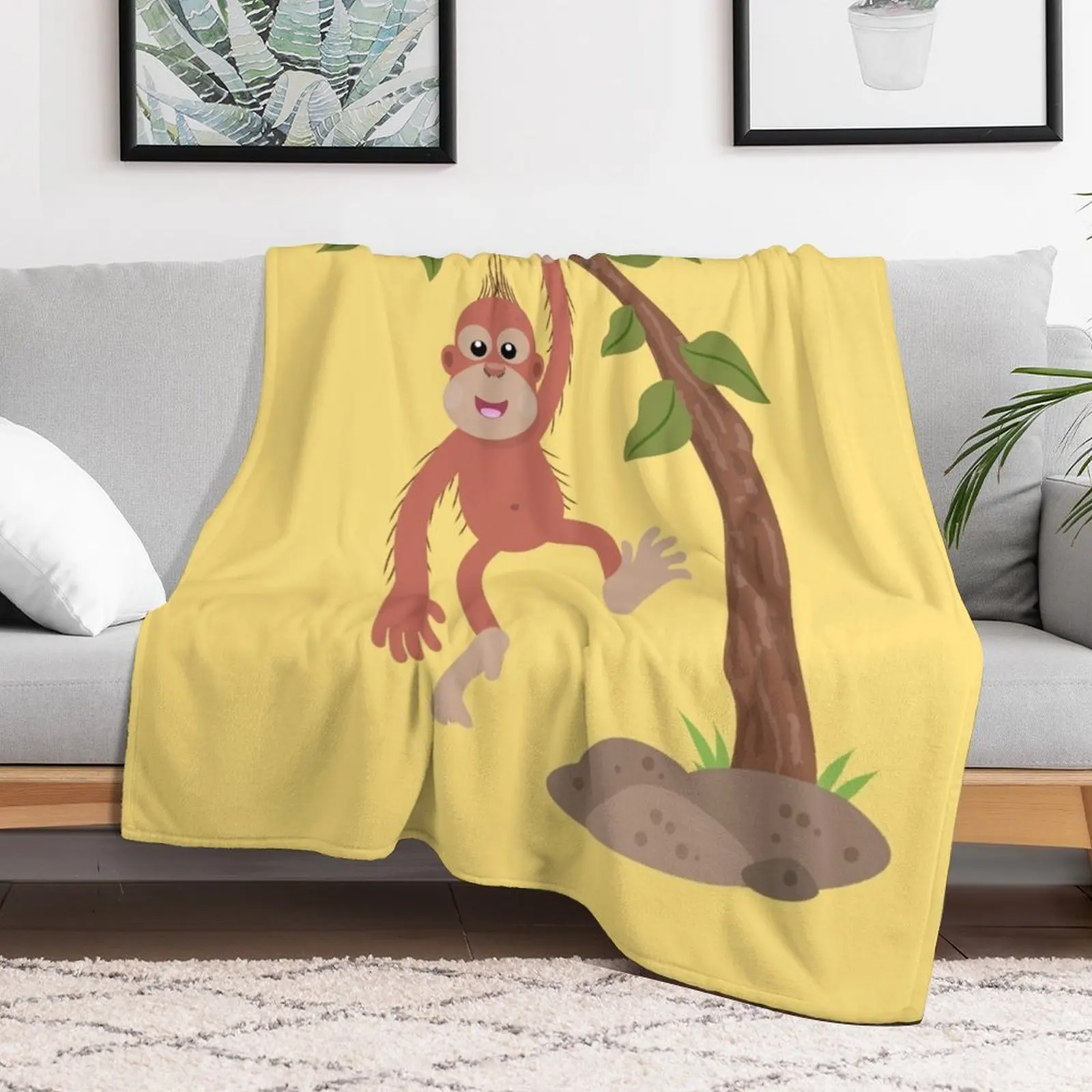 Cute happy baby orangutan cartoon illustration Throw Blanket