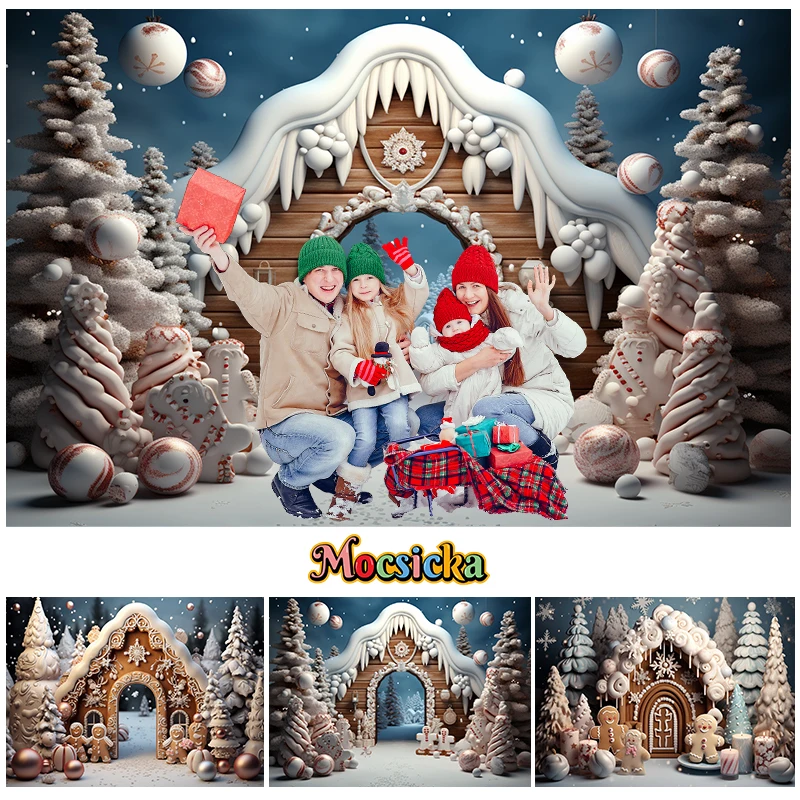 Mocsicka Winter Christmas Arch Backdrop Photography Kids Portrait Cake Smash Decoration Xmas Tree Snow Cookie Toy Backgrounds