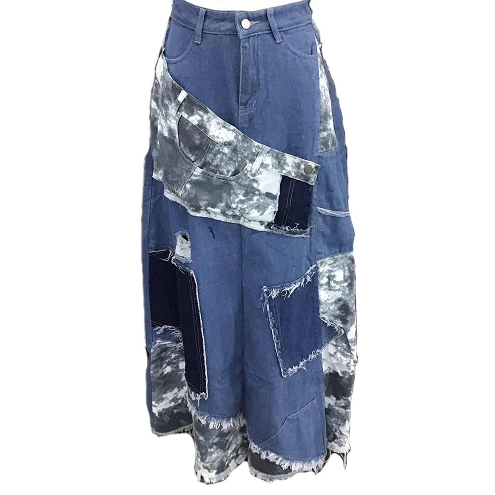 Denim Women\'s Skirt Patchwork Holes Vintage Casual High Waist Long Skirt A-Line Retro Streetwear Ripped Raw Trim Maxi Skirts