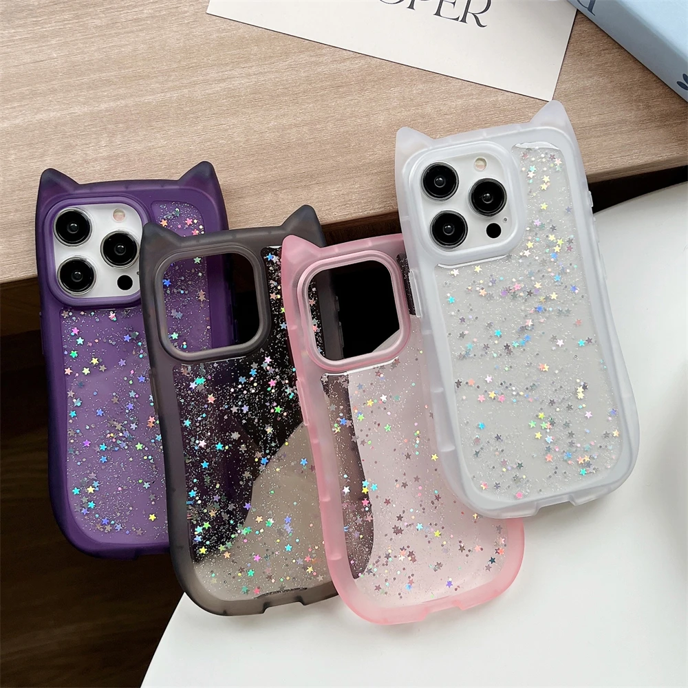 Cute Cartoon Glitter Cat Ear Case For iPhone 14 15 Plus 12 11 13 Pro Max Luxury Silicone Glue Drip Transparent  Pear Back Cover - Image 6