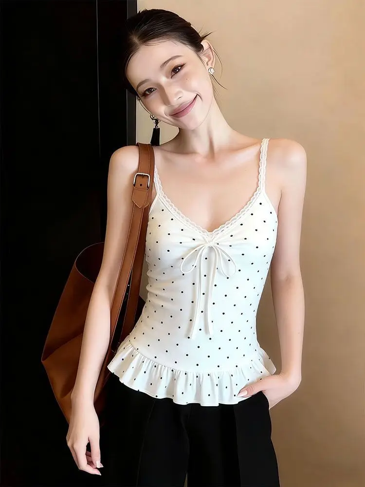 

Lace Strap Polka Dot Printed Lotus Leaf Edge Hem Sling Vest Women's Summer New Sleeveless Top