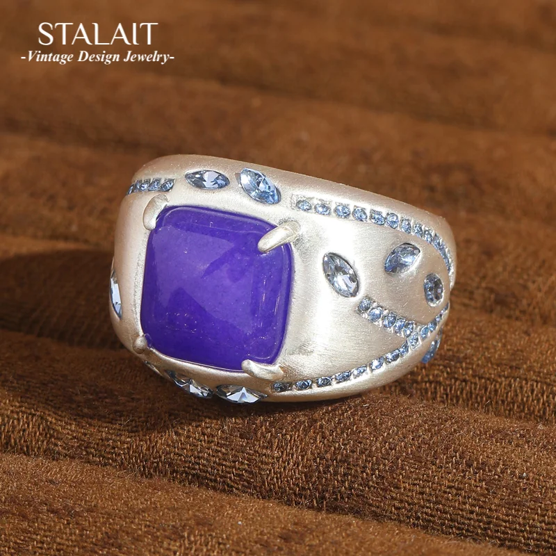 

Vintage Square Ring Purple Natural Stone Light Blue Crystal Rhinestone Woman Silver Plated Accessories Luxury Designer Jewelry
