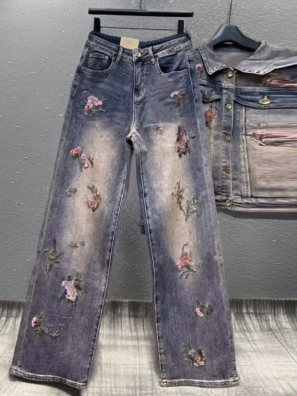 

Faionable Retro European Sle Embroidered Rhinestone Denim Pants High Waist Wide Leg Casual Sle Spring Season Women's Jeans