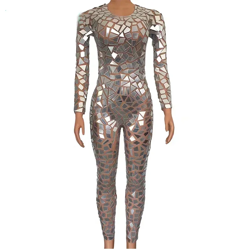 Silver Mirrors Costumes Jumpsuit Sexy Mesh Rompers Jazz Dance Clothing Drag Queen Costume Stage Show Festival Outfit XS4617