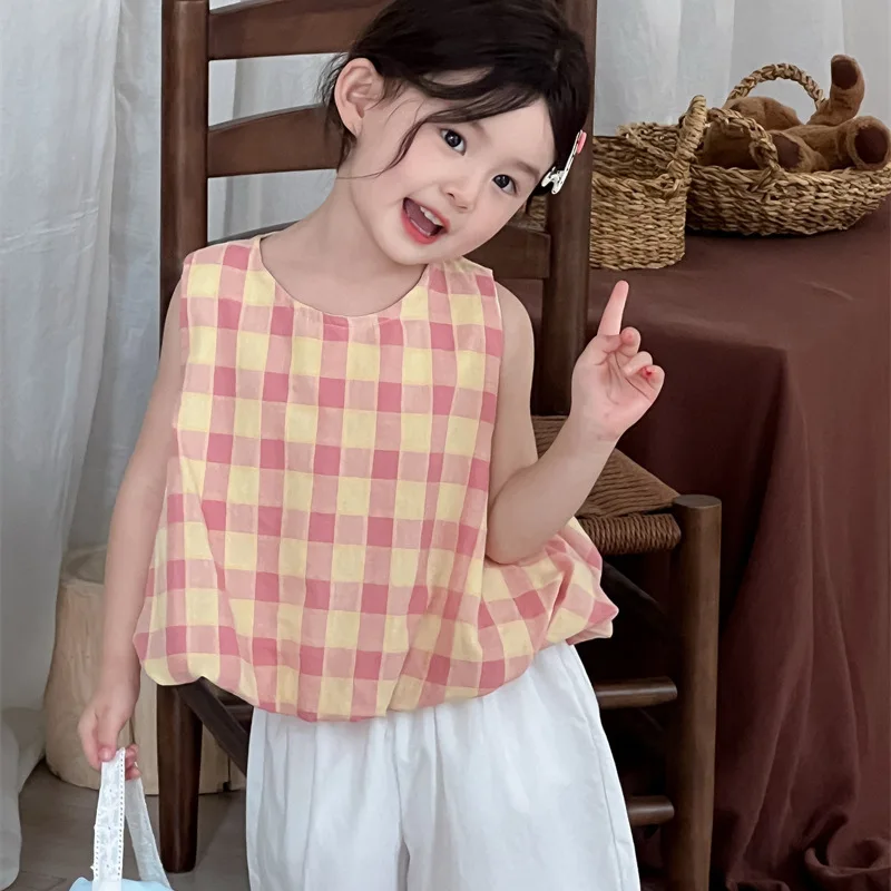 

Girl Shirt 2025 Summer New Childrens Clothing Korean Style Girl Baby Clash Color Plaid Flower Bud Unlined Casual Daily Simple