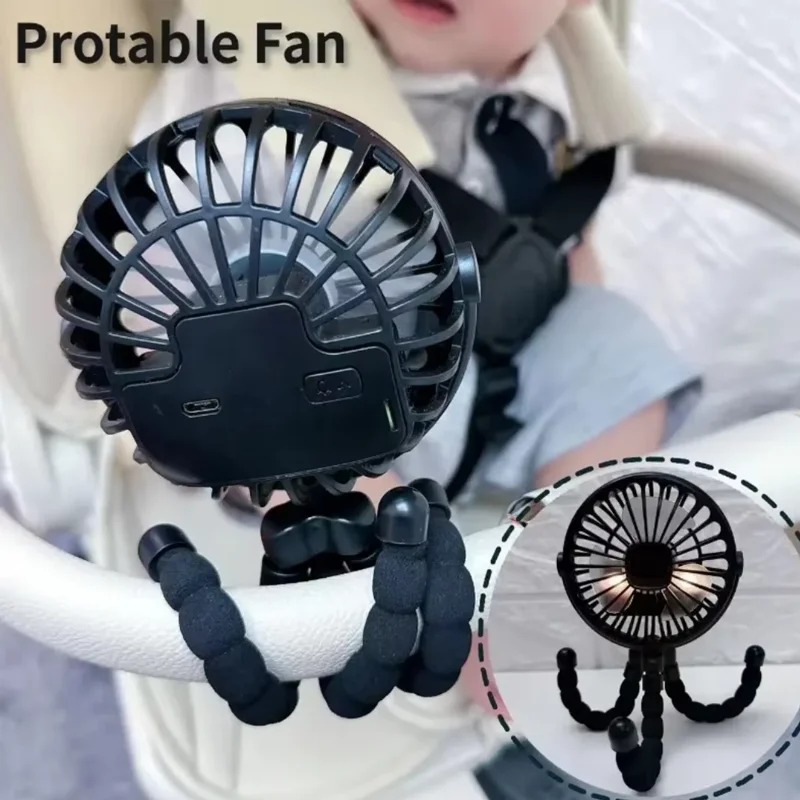 Ventilateur portable sur trépied, rotation réglable à 360 degrés, ventilateur électrique à faible niveau sonore pour poussette de bébé, recharge USB, adapté à une utilisation en extérieur