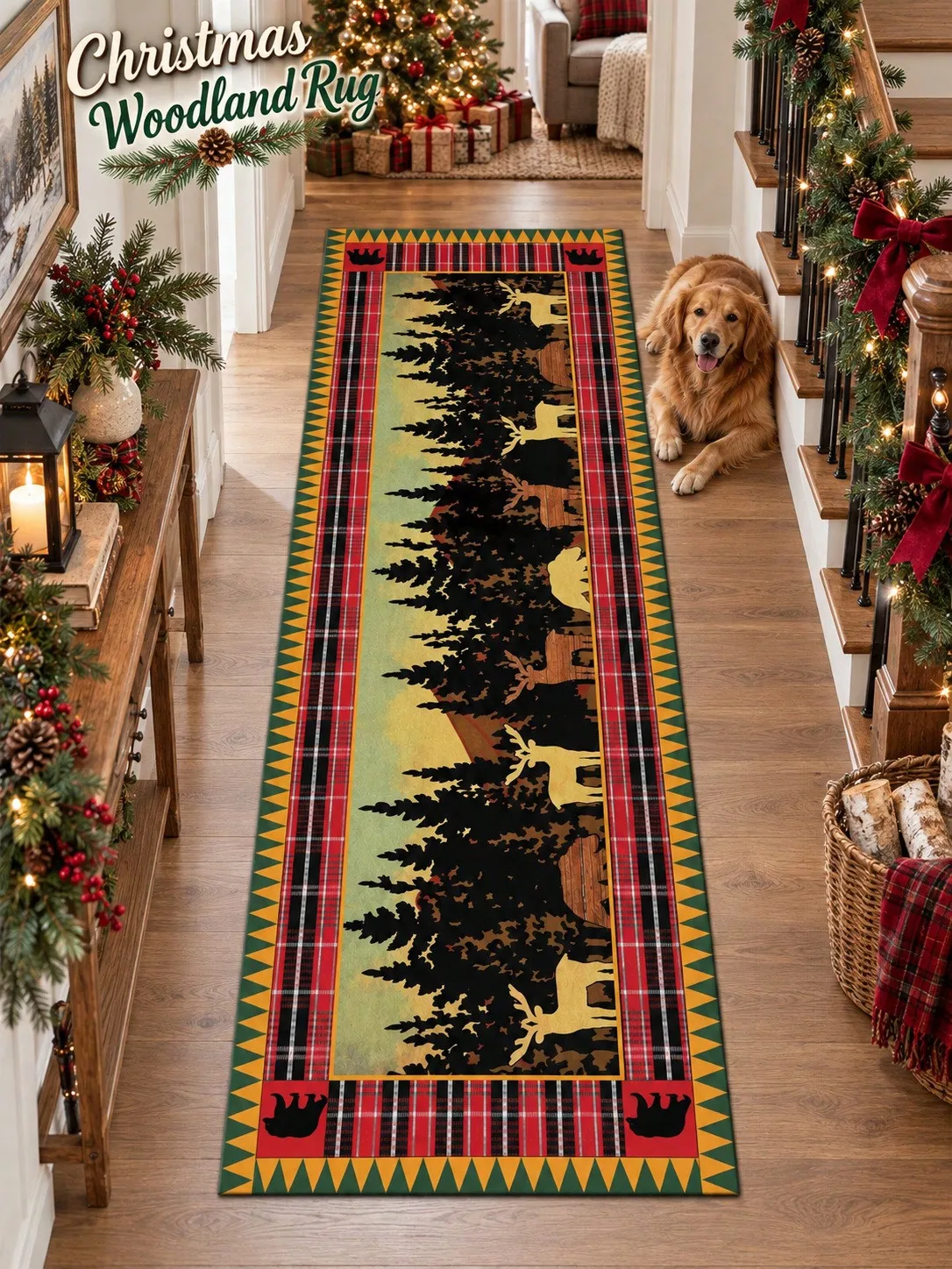 Christmas Aisle Runners Pine Forest Deer Woodland Border Long Carpet Hallway Entryway Kitchen Corridor Floor Mat Runner Rugs Living Area Bedroom Laundry Foyer Indoor Walkway Home Decor Gift Family Friends Birthday Anniversary Holiday Gathering